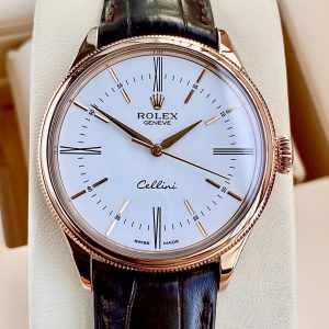 Rolex Cellini Time White Brown Strap 50505-0020, Vàng hồng đúc 18k nguyên khối, Size 39mm, Like new fullbox
