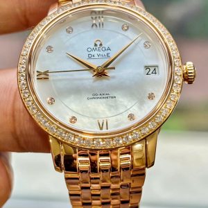 OMEGA Nữ_ Deville Prestige MOP Diamonds (Khảm trai trắng gắn Kim Cương zin hãng), Ref: 424.55.33.20.54.002, Vàng đúc 18k nguyên khối (~ 3 cây vàng 18k), Size 33mm, Like new fullbox date cao