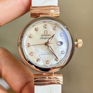 OMEGA Nữ_ De Ville 8520 Ladymatic MOP Diamonds (Khảm trai trắng), Ref: 425.22.34.20.55.004, Demi Vàng hồng đúc 18k, Size 34mm, Like new fullbox date cao 2024 (BHTC 2029)