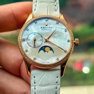 Zenith Elite Ultra Thin Lady MOP Moonphase, Ref: 22.2310.692 / 81.C674, Mặt Khảm trai trắng gắn kim cương zin hãng, Vàng hồng đúc 18k nguyên khối, Size 33mm, Like new fullbox