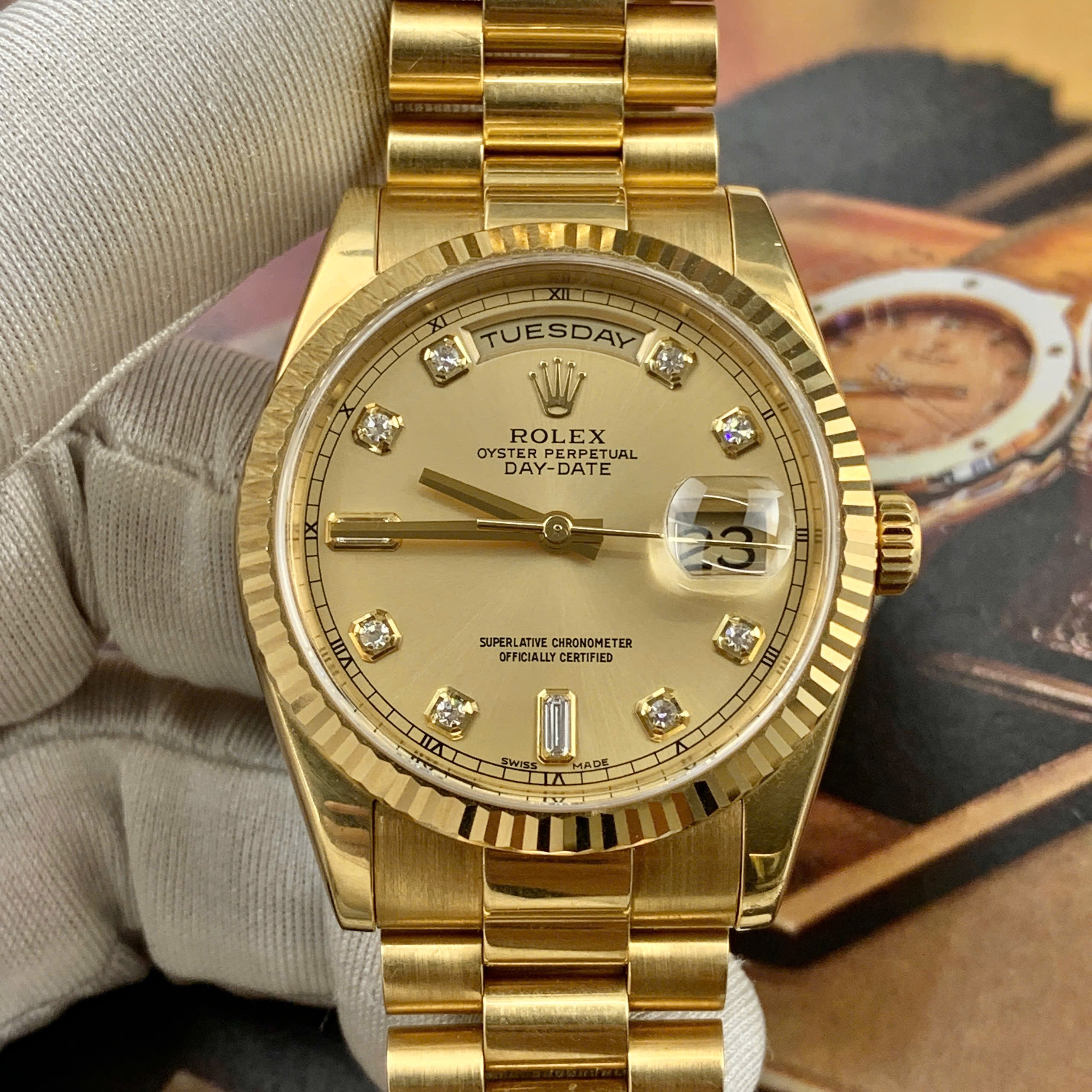 Rolex Day date 118238_ Champagne Diamonds, Vàng đúc 18k nguyên khối, Size 36mm, Lướt đẹp Only