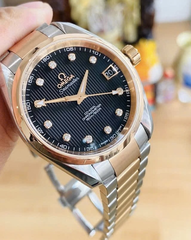 OMEGA Aqua Terra 8500 Big Diamonds Black, Demi Vàng hồng 18k, Size 39mm, Like new fullbox,