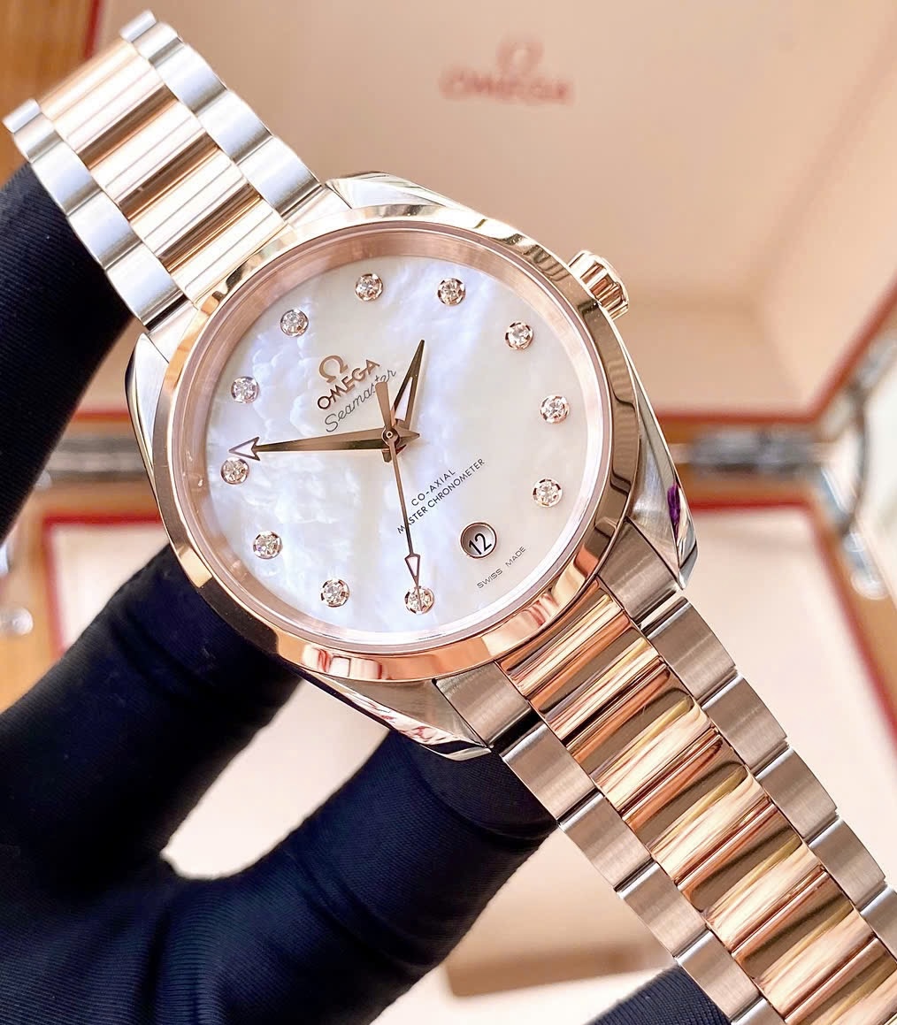 OMEGA Seamaster Aqua Terra 8800 MOP (Khảm trai) trắng Diamonds, Ref: 220.20.38.20.55.001, Demi Vàng hồng đúc 18k, Size 38mm, Like new fullbox
