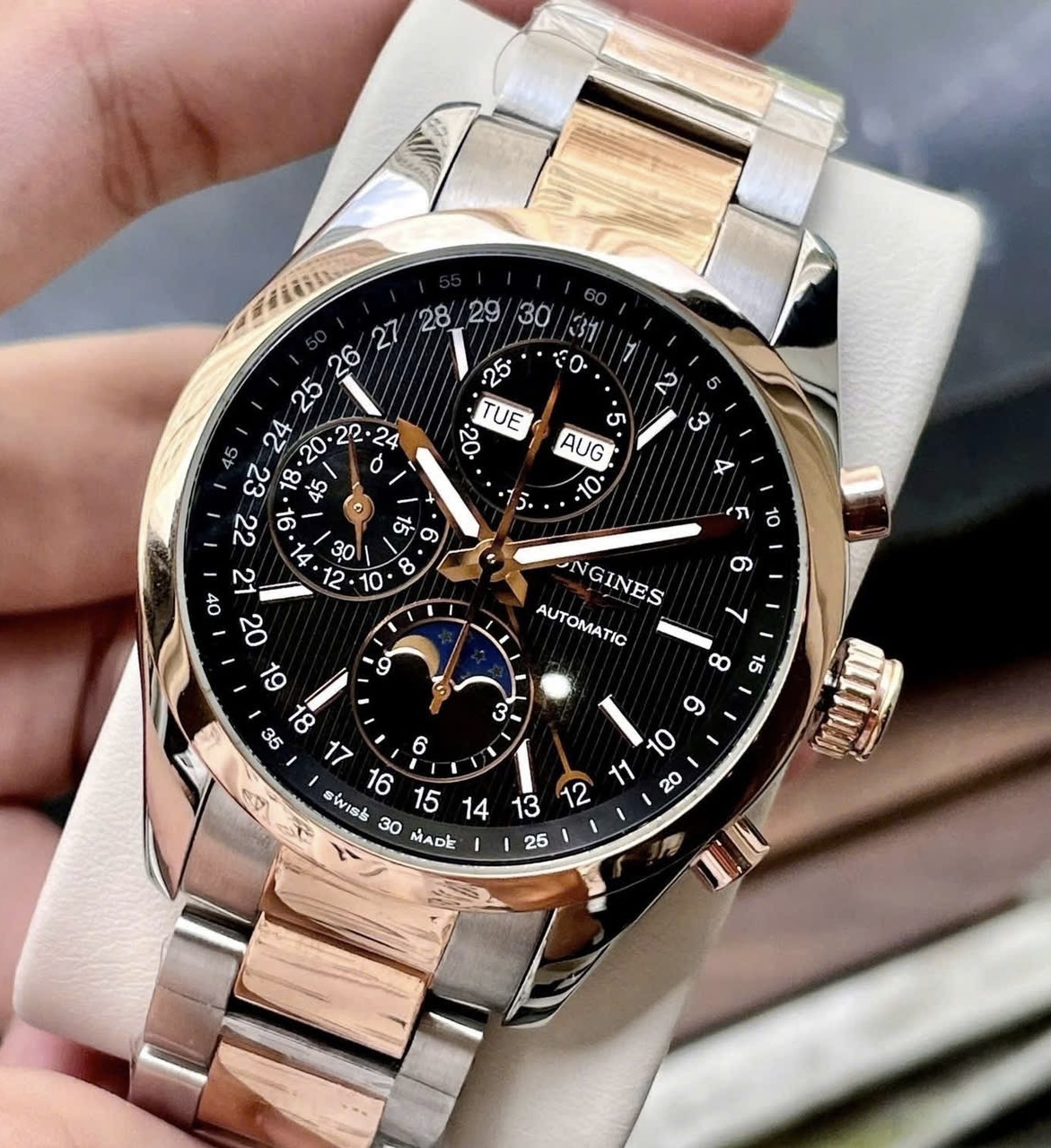 Longines Conquest Moonphase Black L2.798.5.52.7, Demi Vàng hồng 18k, Size 42mm, Like new fullbox,