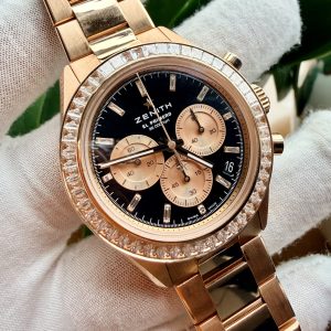 Zenith El Primero Panda Black Diamonds Baguette Original, Chronomaster Sport Yoshida Special Edition 50PCS, Ref: 22.3102.3600/21.M3100, Vàng hồng đúc 18k nguyên khối, Niềng Kim Cương Baguette Zin hãng, Size 41mm, Like new fullbox date 2024