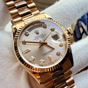 Rolex Day date 118235 Silver Diamonds Baguette 6-9, Vàng hồng đúc 18k nguyên khối, Size 36mm, Lướt đẹp Only Watch