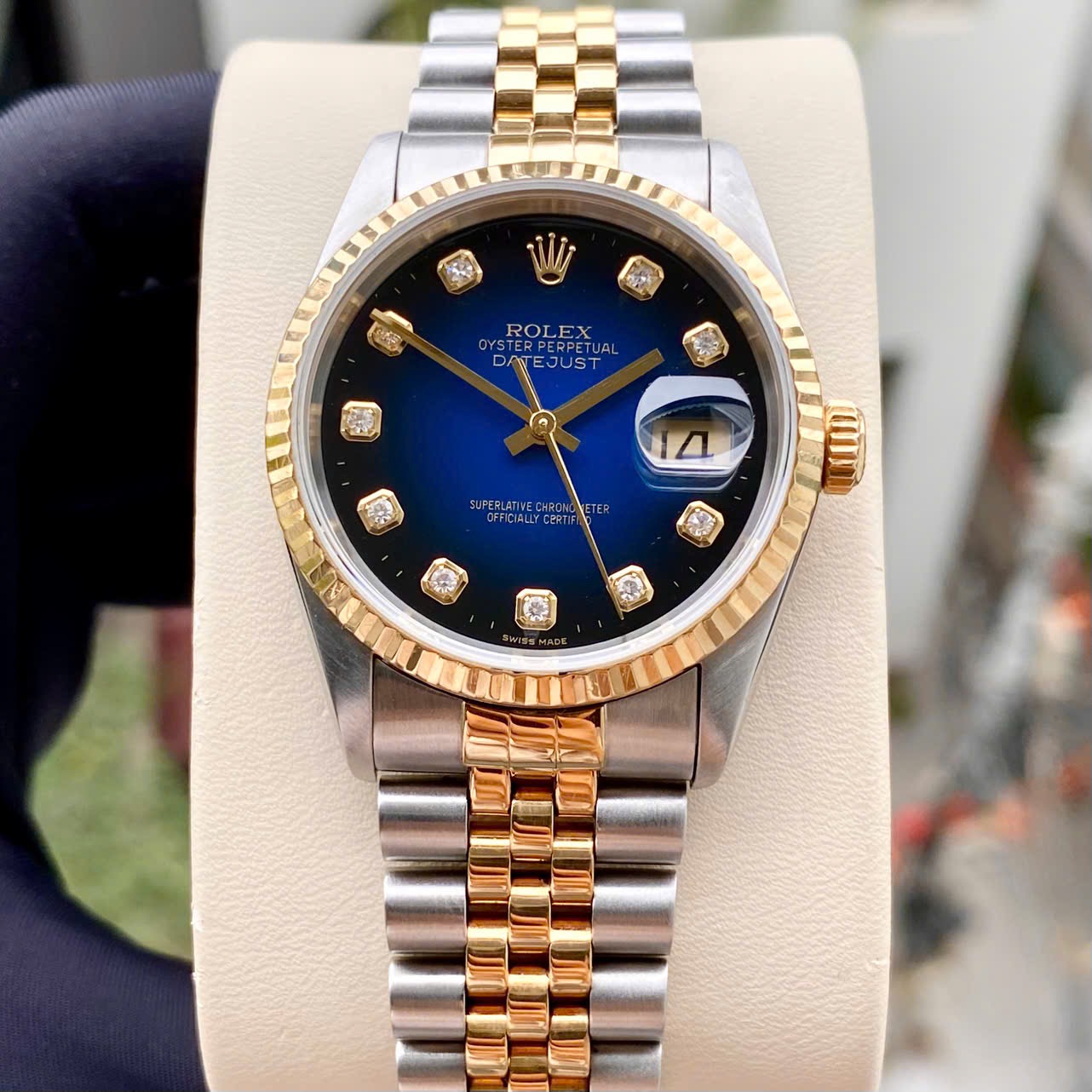 Rolex Datejust 16233 Blue Diamonds, Demi Vàng đúc 18k, Size 36mm, Đời Kim Cương To, đã bịt lỗ, qua sd còn đẹp, mỗi đh
