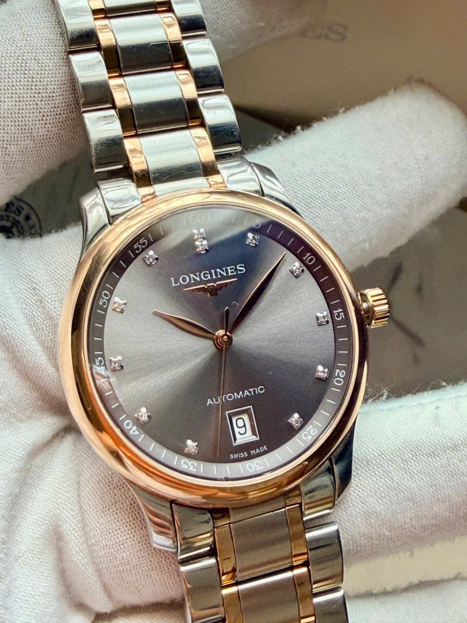 Longines Master Collection Rhodium Diamonds, Demi Vàng hồng 18k, Máy L888 mới nhất, Size 38.5mm, Like new fullbox date cao 2025