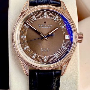 Zenith El Primero Espada Chocolate Full Dimaonds Original , Ref:22.2170.4650/76.C713, Vàng hồng đúc 18k nguyên khối, Kim Cương Thiên Nhiên Zin hãng, Size 40mm, Like new fullbox