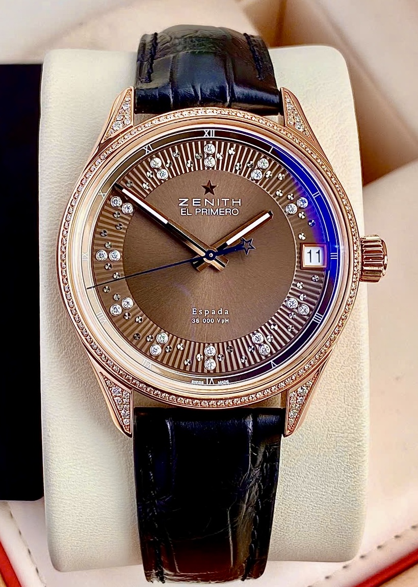 Zenith El Primero Espada Chocolate Full Dimaonds Original , Ref:22.2170.4650/76.C713, Vàng hồng đúc 18k nguyên khối, Kim Cương Thiên Nhiên Zin hãng, Size 40mm, Like new fullbox