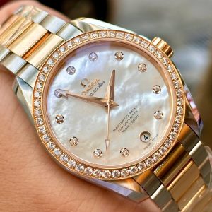 OMEGA AquaTerra Master 8500 MOP (Khảm trai trắng) Diamonds, Ref: 231.25.39.21.55.001, Demi Vàng hồng đúc 18k, Size 39mm, Like new fullbox