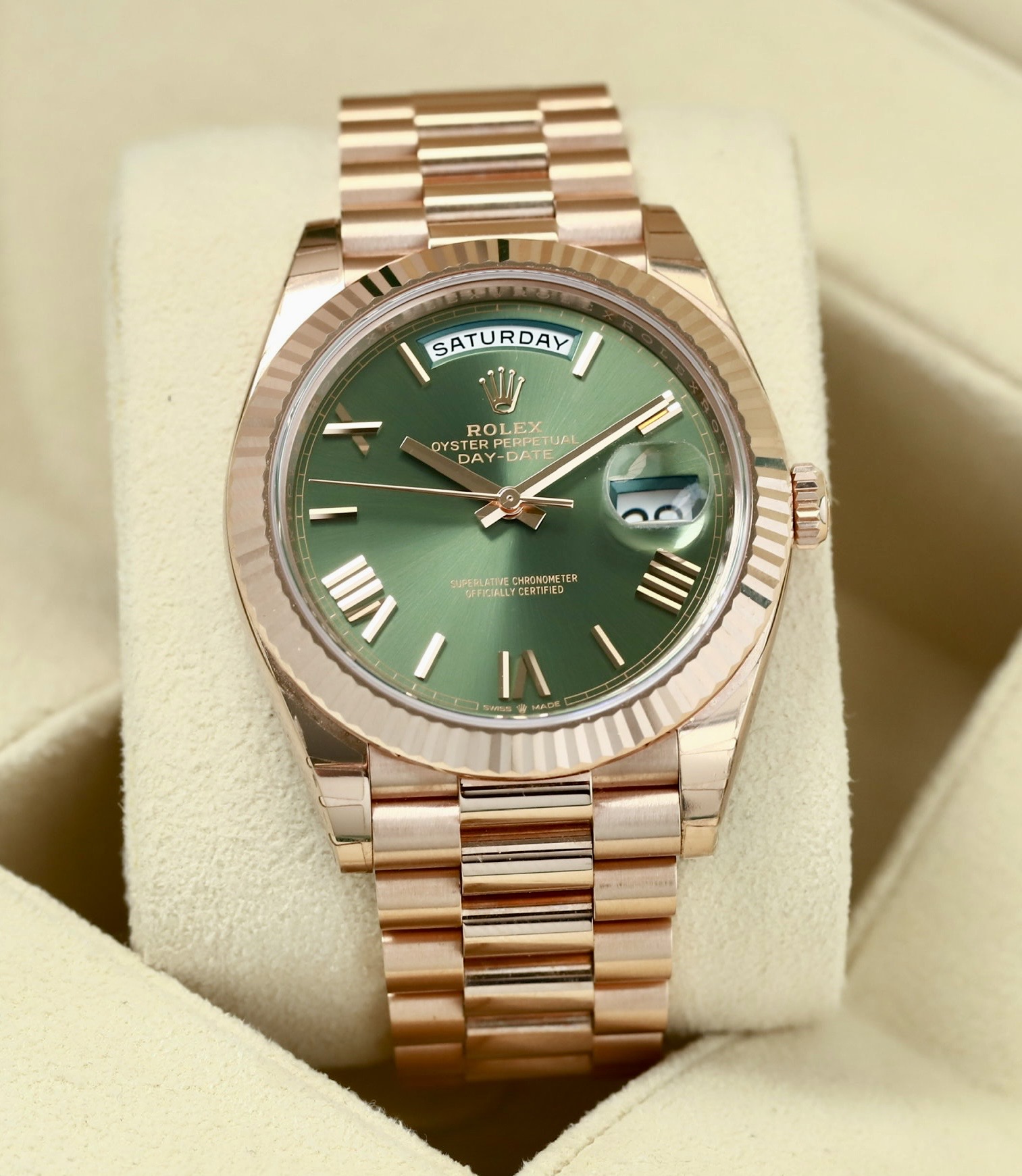 Rolex Day date 228235 Olive Roman, Mark 2, Vàng hồng đúc 18k nguyên khối, Size 40mm, Like new fullbox
