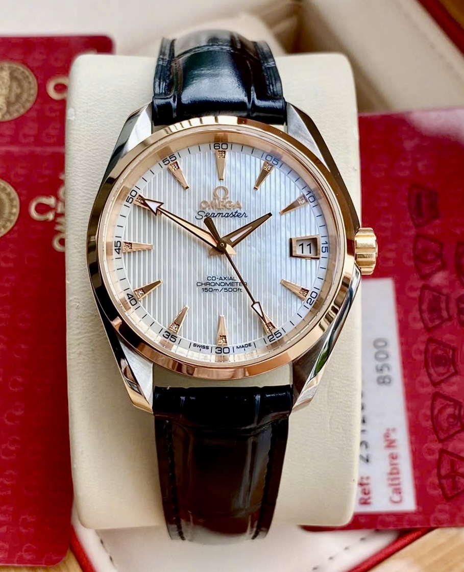 OMEGA Aqua Terra 8500 MOP (Khảm trai trắng) Diamonds Index, Ref: 231.23.39.21.55.001, Demi Vàng hồng đúc 18k, Size 39mm, Like new fullbox