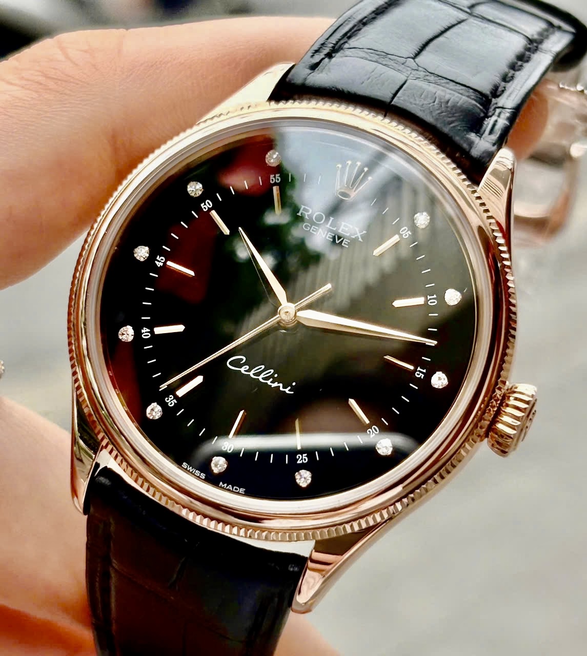 Rolex Cellini Time 50505 Black Index Diamonds, Vàng hồng đúc 18k nguyên khối, Size 39mm, Like new fullbox date cao 2018