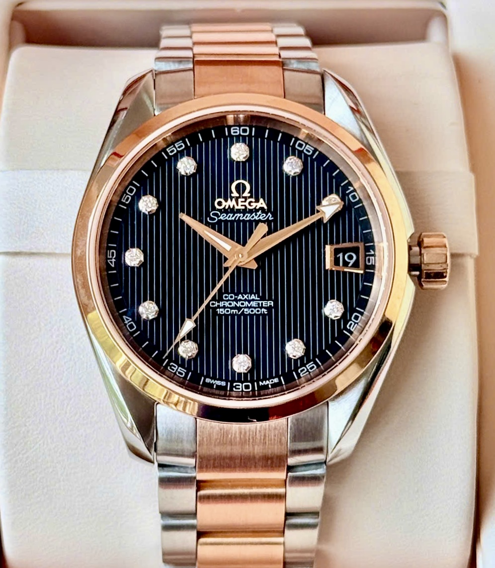 OMEGA Seamaster Aqua Terra 8500 Big Diamonds Black, Ref: 231.20.39.21.51.002, Demi Vàng hồng 18k, Size 38.5mm, Like new fullbox