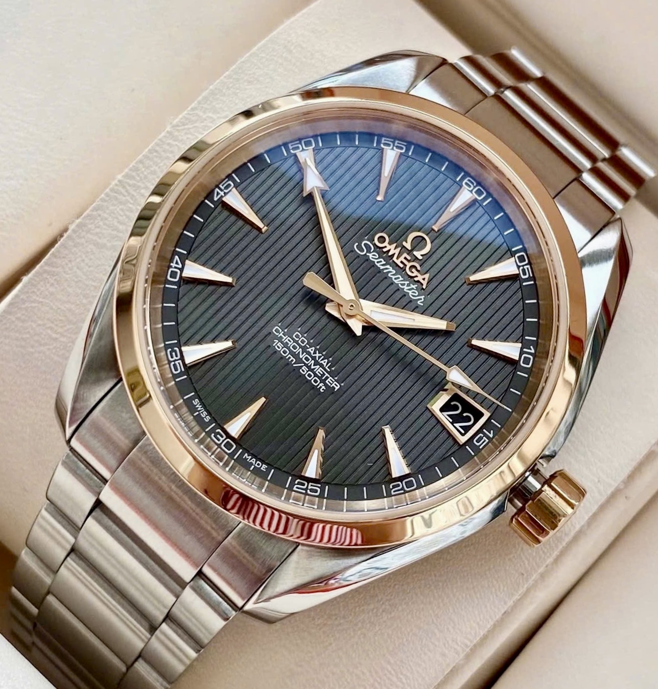 OMEGA Aqua Terra 8500 Chocolate Index, Niềng Vàng hồng đúc 18k, Size 41.5mm, Like new fullbox