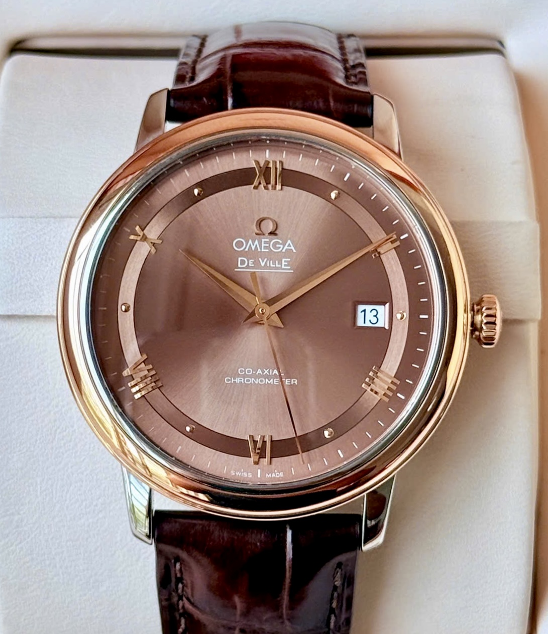 OMEGA Deville Prestige Chocolate, Ref: 424.23.40.20.13.001, Demi Niềng vàng hồng đúc 18k, Size 39.5mm, Like new fullbox date cao