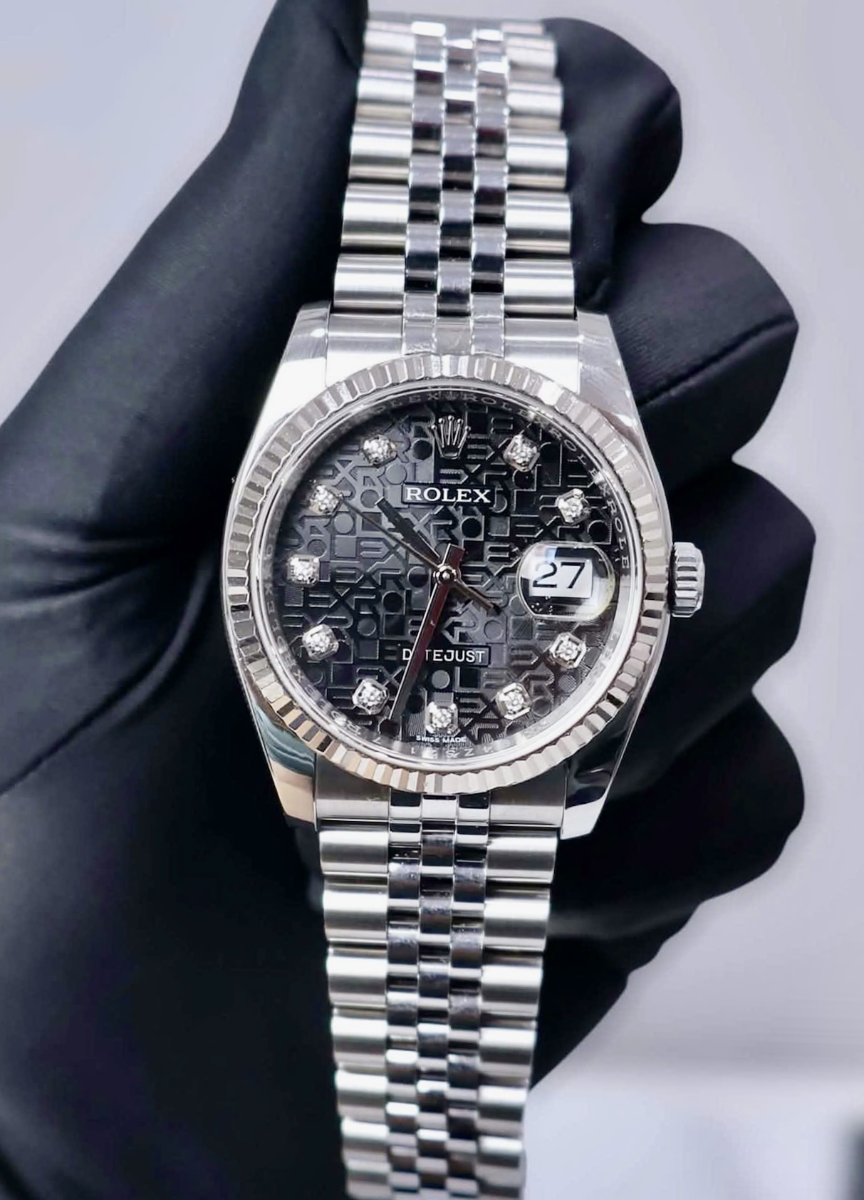 Rolex Datejust 116234 Vi Tính Đen Diamonds, Niềng Khía Vàng trắng đúc 18k, Size 36mm, Like new fullbox Date cao 12/2016