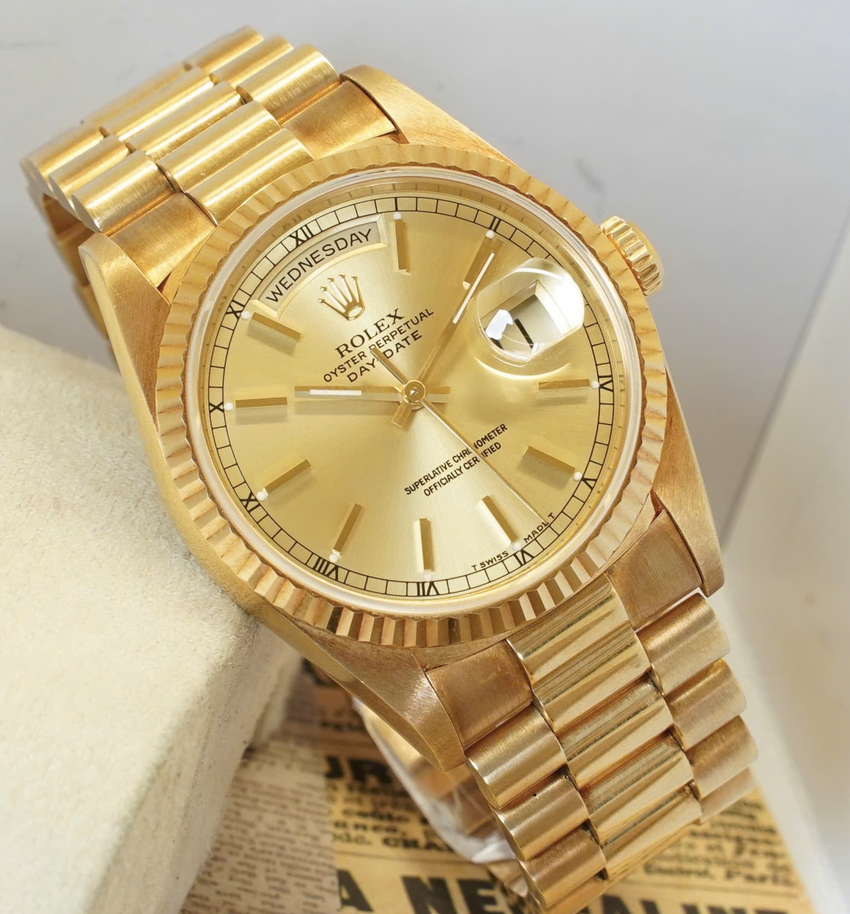 Rolex Day date 18238 Champagne Index, Vàng đúc 18k nguyên khối, Size 36mm, Qua sd còn cứng đẹp, Mỗi đh